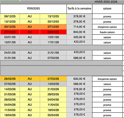 Tarifs hiver 2025-2026