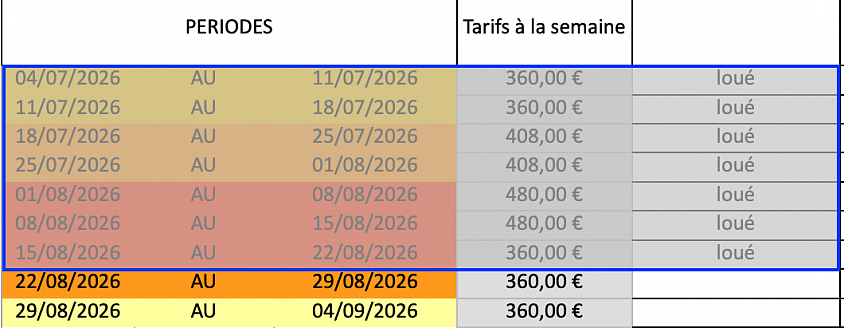 Semaines encadrées grisées 04/07-22/08 réservées
